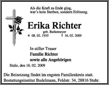 Traueranzeige von Erika Richter von KREISZEITUNG SYKE