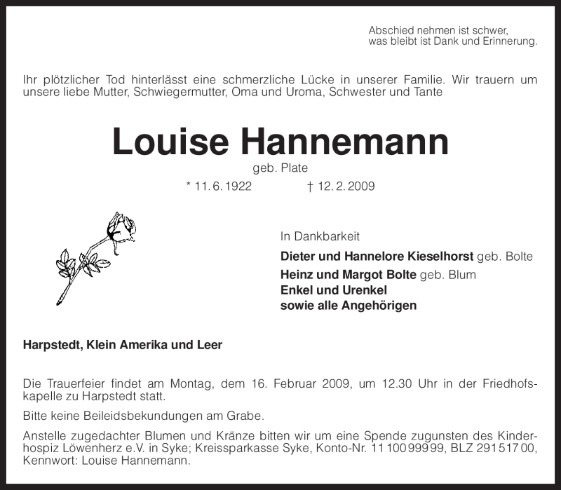 Traueranzeige für Louise Hannemann vom 13.02.2009 aus KREISZEITUNG SYKE
