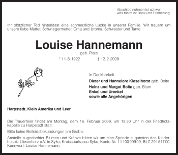 Traueranzeige von Louise Hannemann von KREISZEITUNG SYKE