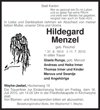 Traueranzeige von Hildegard Menzel von KREISZEITUNG SYKE