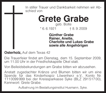 Traueranzeige von Grete Grabe von KREISZEITUNG SYKE