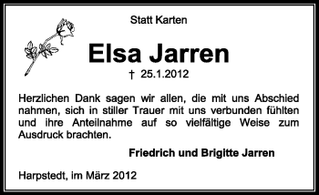 Traueranzeige von Elsa Jarren von KREISZEITUNG SYKE