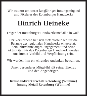 Traueranzeige von Hinrich Heineke von KREISZEITUNG SYKE