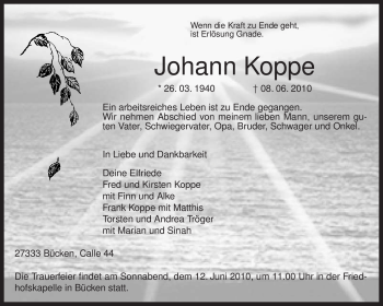 Traueranzeige von Johann Koppe von KREISZEITUNG SYKE