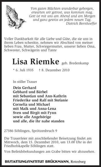 Traueranzeige von Lisa Riemke von KREISZEITUNG SYKE