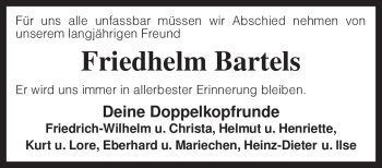 Traueranzeige von Friedhelm Bartels von KREISZEITUNG SYKE