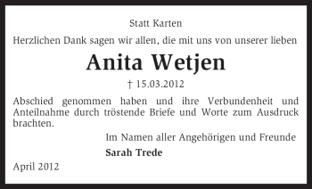 Traueranzeige von Anita Wetjen von KREISZEITUNG SYKE