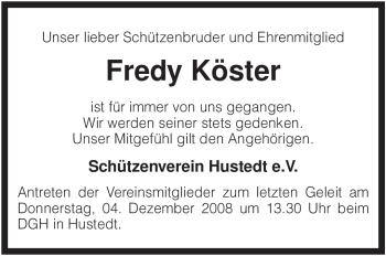 Traueranzeige von Fredy Köster von KREISZEITUNG SYKE