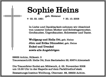 Traueranzeige von Sophie Heins von KREISZEITUNG SYKE