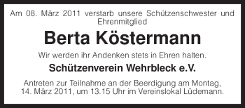 Traueranzeige von Berta Köstermann von KREISZEITUNG SYKE