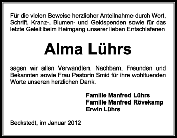 Traueranzeige von Alma Lührs von KREISZEITUNG SYKE