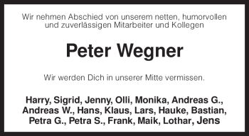 Traueranzeige von Peter Wegner von KREISZEITUNG SYKE