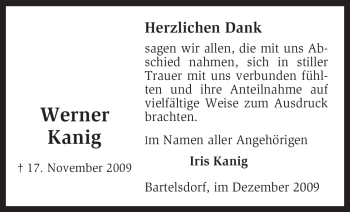 Traueranzeige von Werner Kanig von KREISZEITUNG SYKE