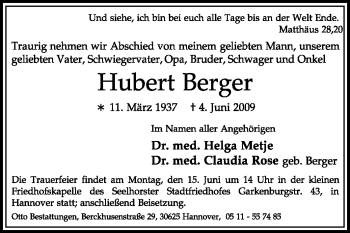 Traueranzeige von Hubert Berger von KREISZEITUNG SYKE