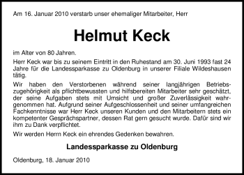 Traueranzeige von Helmut Keck 