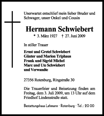 Traueranzeige von Hermann Schwiebert von KREISZEITUNG SYKE