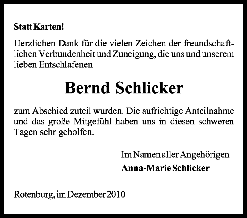  Traueranzeige für Bernd Schlicker vom 04.12.2010 aus KREISZEITUNG SYKE