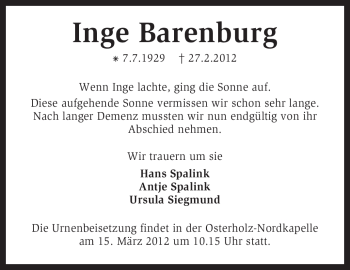 Traueranzeige von Inge Barenburg von KREISZEITUNG SYKE