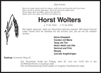 Traueranzeige von Horst Wolters von KREISZEITUNG SYKE