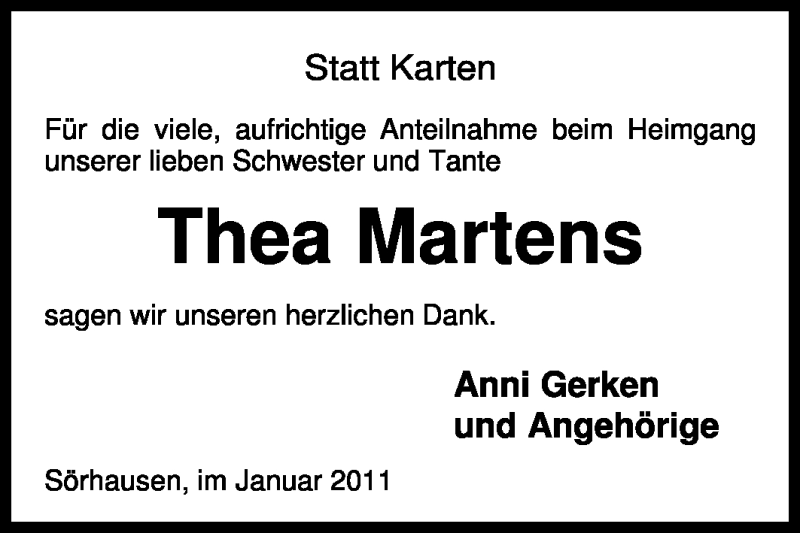  Traueranzeige für Thea Martens vom 19.01.2011 aus KREISZEITUNG SYKE
