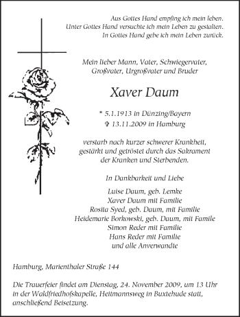 Traueranzeige von Xaver Daum von KREISZEITUNG SYKE