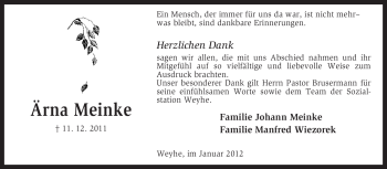 Traueranzeige von Ärna Meinke von KREISZEITUNG SYKE