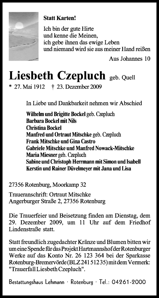  Traueranzeige für Liesbeth Czepluch vom 24.12.2009 aus KREISZEITUNG SYKE