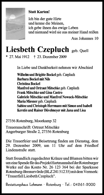 Traueranzeige von Liesbeth Czepluch von KREISZEITUNG SYKE