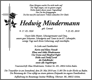 Traueranzeige von Hedwig Mindermann von KREISZEITUNG SYKE