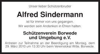 Traueranzeige von Alfred Sindermann von KREISZEITUNG SYKE