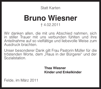 Traueranzeige von Bruno Wiesner von KREISZEITUNG SYKE