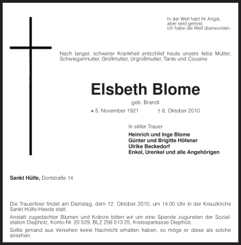 Traueranzeige von Elsbeth Blome von KREISZEITUNG SYKE