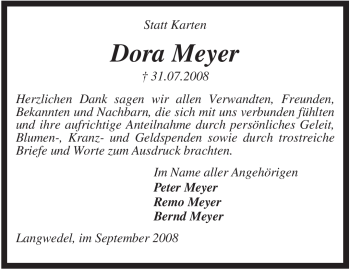 Traueranzeige von Dora Meyer von KREISZEITUNG SYKE