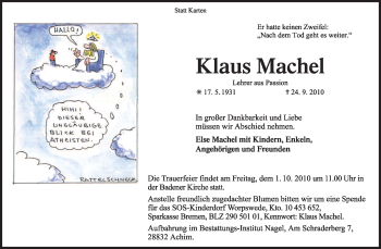 Traueranzeige von Klaus Machel von KREISZEITUNG SYKE