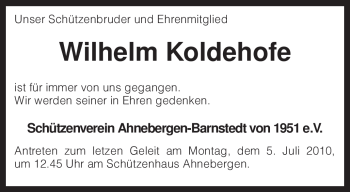 Traueranzeige von Wilhelm Koldehofe von KREISZEITUNG SYKE