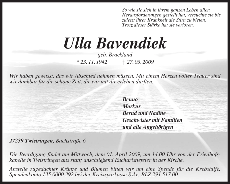  Traueranzeige für Ulla Bavendiek vom 30.03.2009 aus KREISZEITUNG SYKE
