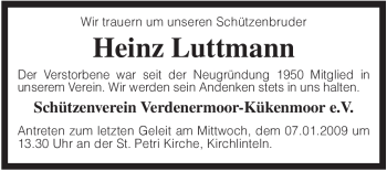 Traueranzeige von Heinz Luttmann von KREISZEITUNG SYKE