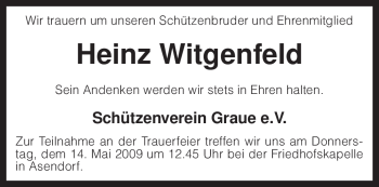 Traueranzeige von Heinz Witgenfeld von KREISZEITUNG SYKE