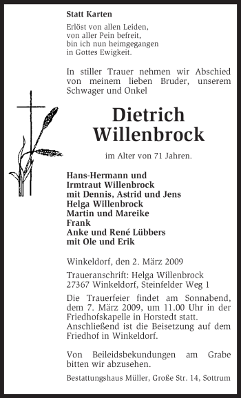 Traueranzeige von Dietrich Willenbrock von KREISZEITUNG SYKE