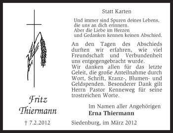 Traueranzeige von Fritz Thiermann von KREISZEITUNG SYKE