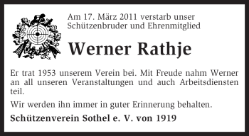 Traueranzeige von Werner Rathje von KREISZEITUNG SYKE