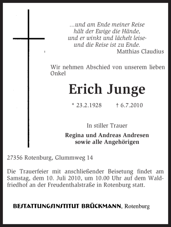 Traueranzeige von Erich Junge von KREISZEITUNG SYKE
