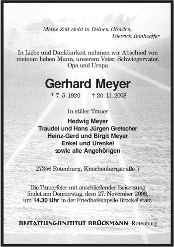 Traueranzeige von Gerhard Meyer von KREISZEITUNG SYKE