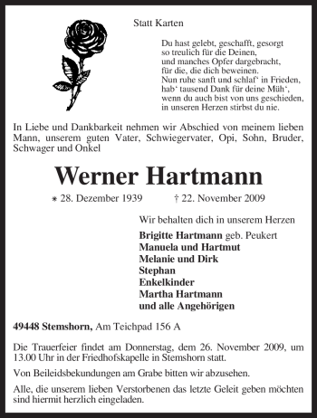 Traueranzeige von Werner Hartmann von KREISZEITUNG SYKE