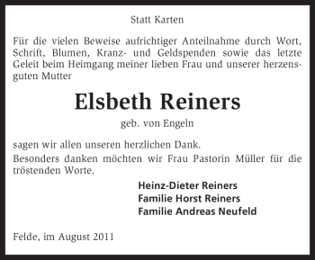 Traueranzeige von Elsbeth Reiners von KREISZEITUNG SYKE