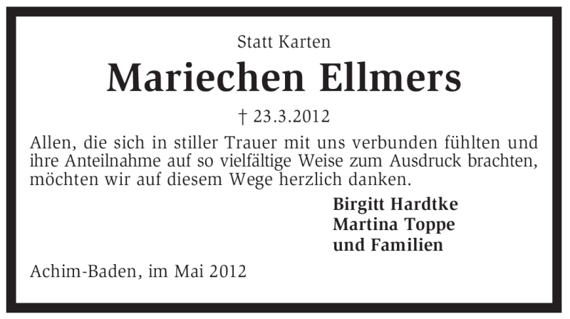  Traueranzeige für Mariechen Ellmers vom 05.05.2012 aus KREISZEITUNG SYKE