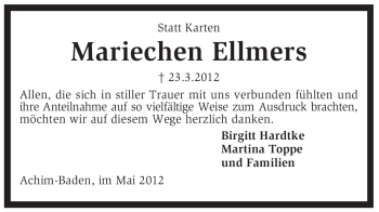Traueranzeige von Mariechen Ellmers von KREISZEITUNG SYKE