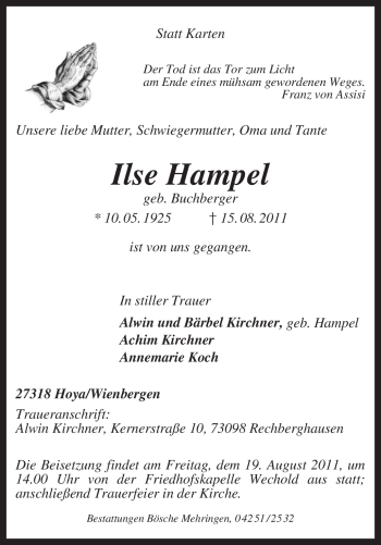 Traueranzeige von Ilse Hampel von KREISZEITUNG SYKE