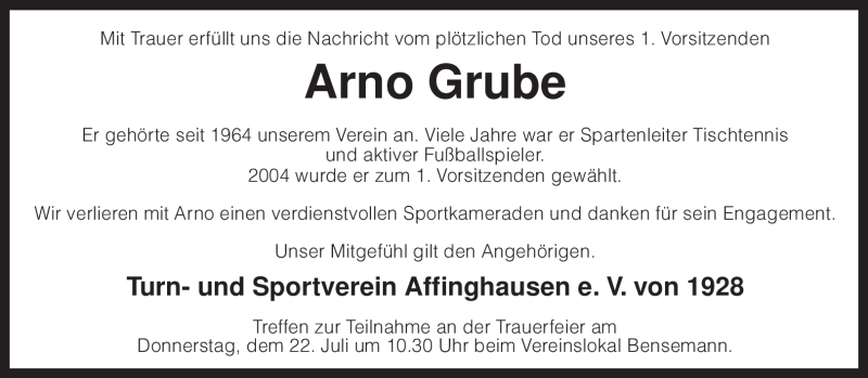  Traueranzeige für Arno Grube vom 20.07.2010 aus KREISZEITUNG SYKE