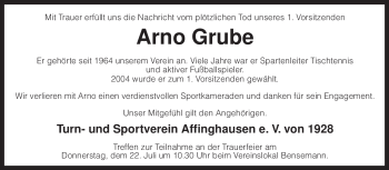 Traueranzeige von Arno Grube von KREISZEITUNG SYKE